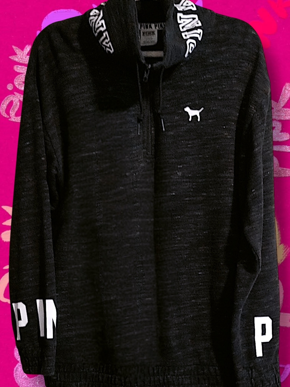 Victoria's Secret PINK Quarter Zip  Cowl Neck Heather Black Pullover Size Medium